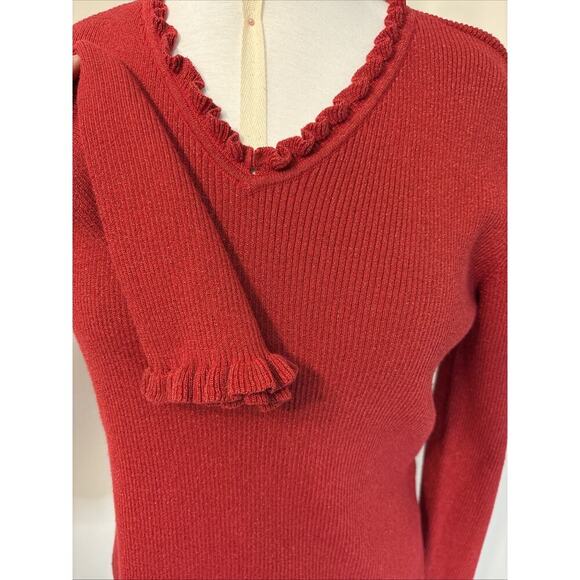 Liz Claiborne Sweaters - Vintage Liz Claiborne Red Shimmer Ruffle Trim Long Sleeve Sweater L Grannycore